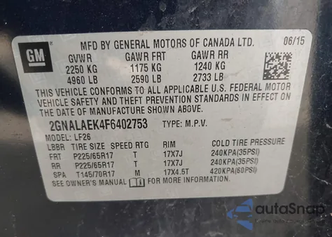 2015 Chevrolet Equinox Ls из США, поврежденный, VIN 2GNALAEK4F6402753